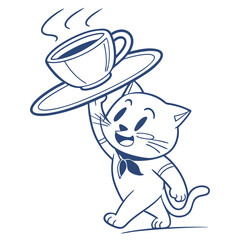 Line Art Cat Walking and Holding a Coffee Cup on a Tray Isolated on White