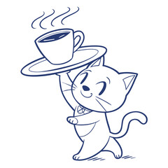 Line Art Cat Butler with Hot Drink. Cartoon Kitten Holding Tea Cup with Steam