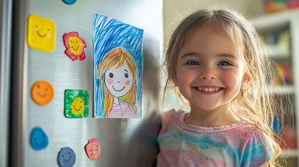 Fototapeta premium Happy Child Smiling Next to Colorful Artwork on Refrigerator Door