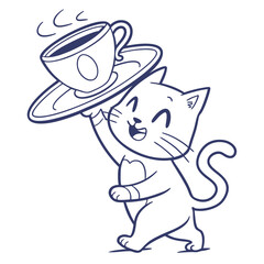 Line Art Cartoon Cat Smiling Holding Tea Cup, Beverage On Saucer, Hand Drawn Style