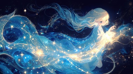 Celestial goddess riding starlit dragon across galactic night sky, luminous flowing hair and cosmic robes blending with constellations, symbolizing power, unity, and cosmic myth