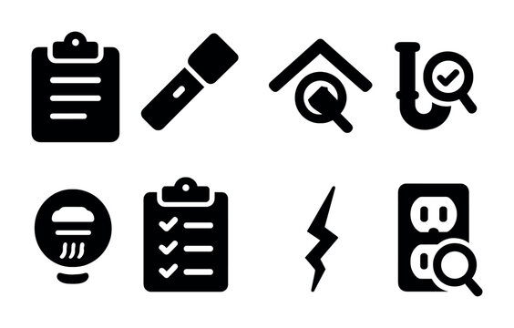 Home inspection solid icons set – filled style safety, maintenance, and repair symbols for property evaluation: checklist, flashlight, magnifying glass, pipe, smoke detector, crack