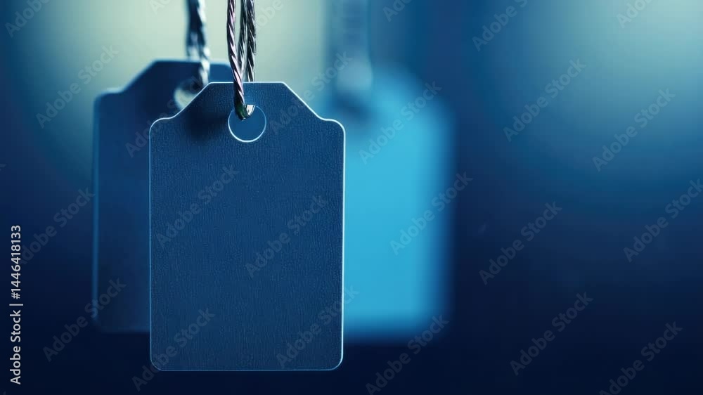 Poster two tags hanging from a string against a bright blue background