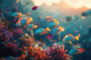 Fototapeta premium Vibrant coral reef teeming with colorful fish at sunset.