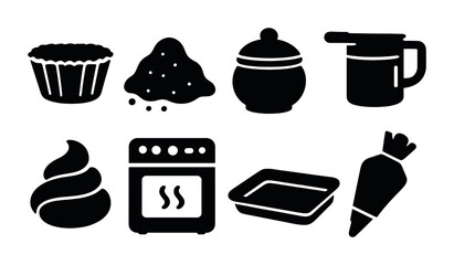 Baking essentials icon set – solid style cooking, kitchen, and pastry symbols for culinary projects: cupcake, flour, sugar jar, mixer, dough, oven, baking tray, carrot.