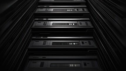 Obraz premium Abstract Dark Serverscape: Rows of Sleek, Black Data Servers in a High-Tech Data Center