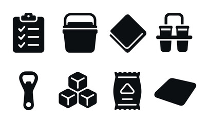 Picnic and outdoor dining solid icons set – silhouette style leisure, snacks, and beverage symbols for picnic preparation: checklist, cooler, napkin, drink holder, bottle opener, ice cubes, snack bag