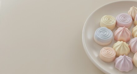 Colorful meringue cookies arranged on a white plate  