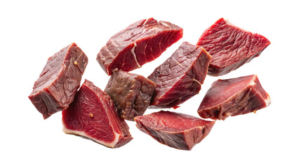 Obraz premium Arrangement of Fresh Raw Beef Cubes on a transparent Background Ready to Cook