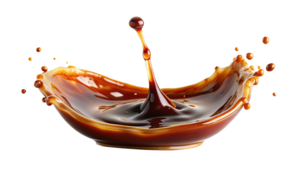 Spectacular splash of dark brown liquid resembling caramel, coffee, or soy sauce