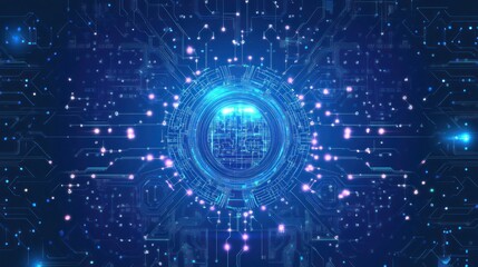 Glowing blue circuitry forms a central, concentric circle, radiating outwards into a complex technological network