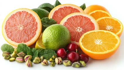 Assorted citrus fruits and pistachios