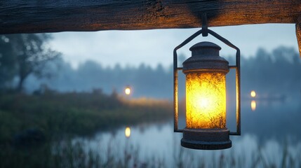 Atmospheric Lantern Glows on Riverbank Amidst Early Morning Mist