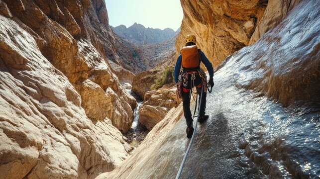 Canyon Adventure: Climber Navigating Rocky Terrain