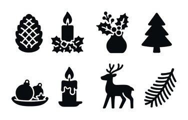 Christmas and holiday silhouette icons – solid style festive, winter, and celebration symbols: pine cone, candle, holly, christmas tree, ornament, reindeer, fir branch.