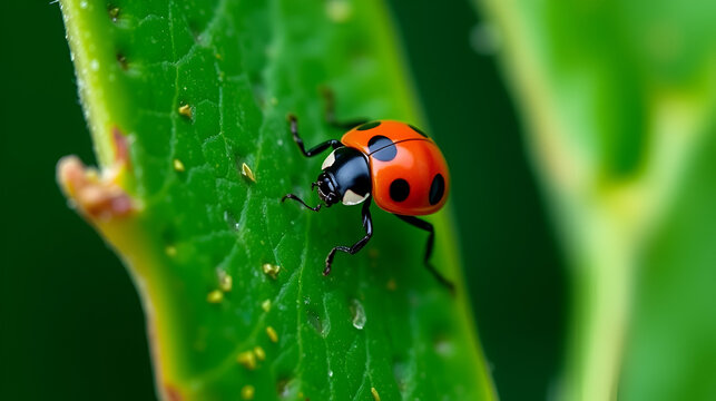 Little ladybug climbing downside a leave