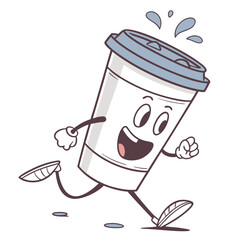 Cartoon White Paper Coffee Cup with Blue Lid Running with Spills, Cheerful Mascot