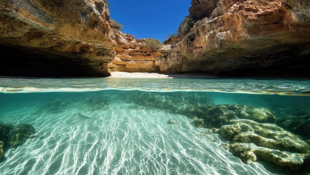Sunlit cove's underwater & above-water view, revealing sandy beach and clear water with visible seabed