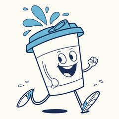 Cartoon Coffee Cup Mascot Running with Water Splashes and a Cheerful Face, Outline Style