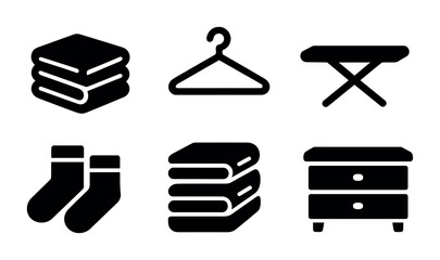 Home and laundry icon set – solid style household, cleaning, and organizing symbols for daily chores: towels, hanger, ironing board, socks, furniture, closet, drawer