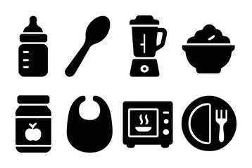 Baby food silhouette icon set - solid style for parenting, nutrition, and meal prep: bottle, spoon, blender, bowl, jar, bib, microwave, plate