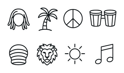Reggae culture outline icon set – linear style music, caribbean, and vibes symbols: dreadlocks, palm tree, peace sign, bongos, rastacap, lion, sun, music note.