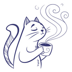 Cartoon Sketch Cute Cat Enjoying Beverage, Holding Cup, Steam, Whiskers, Outline, Line Art