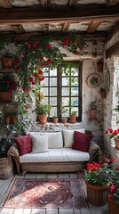 Cozy reading nook with flower view high resolution photo
