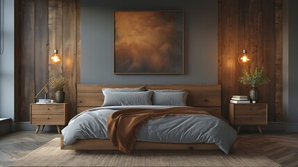 Contemporary room with orange paneling and elegant bed setting high resolution image