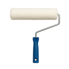 Essential painting tool A clean new paint roller with a fluffy white cover and a comfortable blue grip handle.