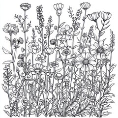 Detailed black and white drawing of various wildflowers in a meadow, showcasing detailed stems, leaves, and flower structures