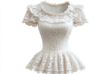 Elegant cream lace top delicate ruffled neckline and peplum short sleeves perfect for special