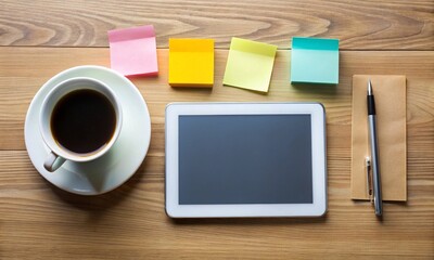Flat-lay of digital marketing strategy planning with tablet, coffee, sticky notes