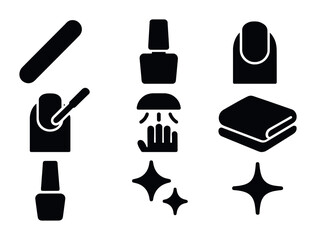 Nail art and manicure solid icons set – silhouette style beauty, spa, and grooming symbols for salon branding: nail polish, nail file, hand care, towel, sparkles