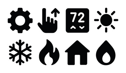 Climate control solid icons set – filled style weather, hvac, and energy symbols for efficient management: gear, hand, thermostat, sun, snowflake, flame, house, water drop.