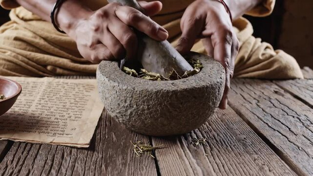 Hands preparing traditional Ayurvedic herbal medicine using a mortar and pestle on a rustic wooden table with natural light and surrounding dried leaves creating a calm and healing atmosphere