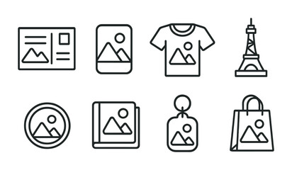 Photography and travel icon set – outline style for content creation and branding: camera, photo album, t-shirt, souvenir, landmark, shopping bag, keychain
