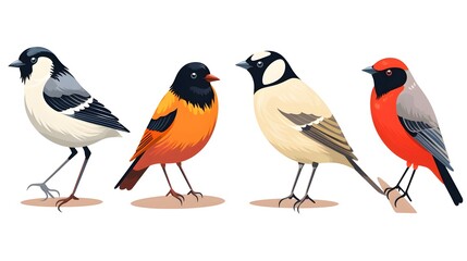 Various Bird Species Including Crow, Magpie, Pigeon, Bullfinch, and Sparrow Standing Together