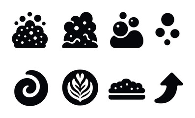 Coffee brewing solid icons set – filled style cafe essentials and barista tools: coffee beans, latte art, espresso shot, foam swirl, aroma steam, coffee grounds, up arrow