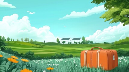 Obraz premium Journey begins: vibrant orange suitcase in serene countryside landscape