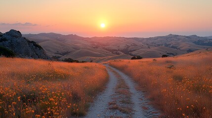 Sunset over rolling hills and a dirt road.