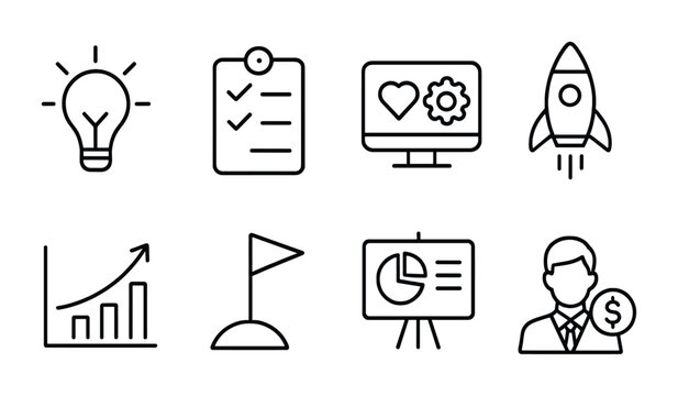 Business and productivity icon set – outline style for efficiency, management, and strategy: lightbulb, checklist, computer, rocket, graph, flag, presentation, businessman.
