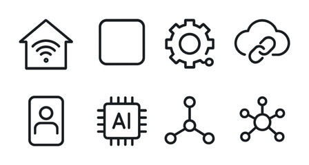Smart home and tech innovations icon set – outline style for digital transformation, smart devices, and connectivity: smart home, processor, gear, cloud, profile, ai chip, network node, link.