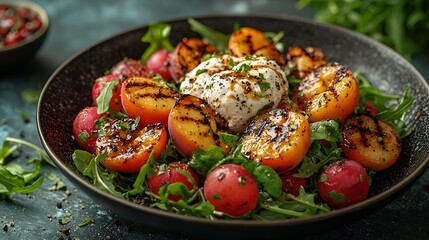 Grilled peach and burrata salad with arugula.