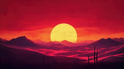 A large red sun is in the sky over a desert landscape
