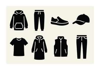 Casual fashion silhouette icon set &ndash; solid style clothing, apparel, and wardrobe symbols for style enthusiasts: hoodie, joggers, sneakers, cap, t-shirt, coat, vest, jeans.
