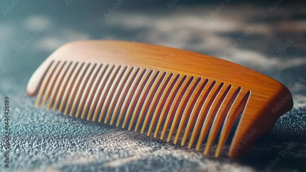 Poster a simple wooden comb sits on top of a soft blue cloth, ready for use