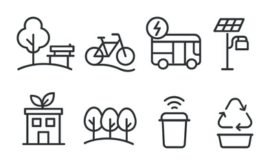 Eco-friendly urban living icon set – outline style sustainable city, green energy, and recycling symbols: tree, bicycle, electric bus, solar panel, green building, forest, recycling bin