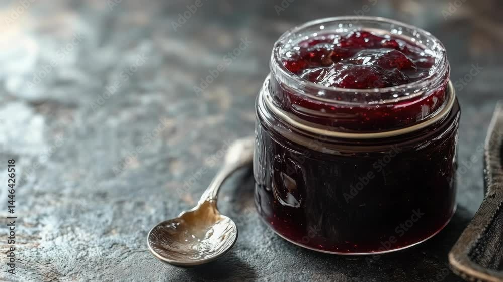Poster a jar of homemade jam sitting on a surface with a wooden spoon next to it, ready for use