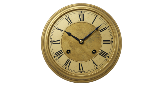 A close up of a gold clock with roman numerals indicating the time on a black background display time